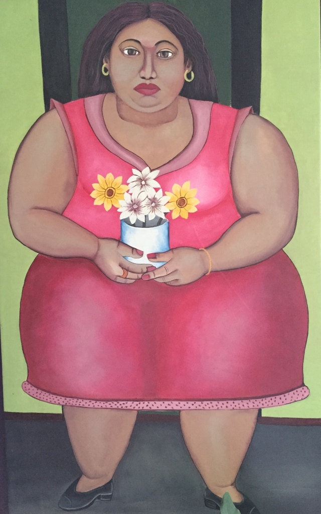 Painting of woman in pink dress holding yellow and white flowers